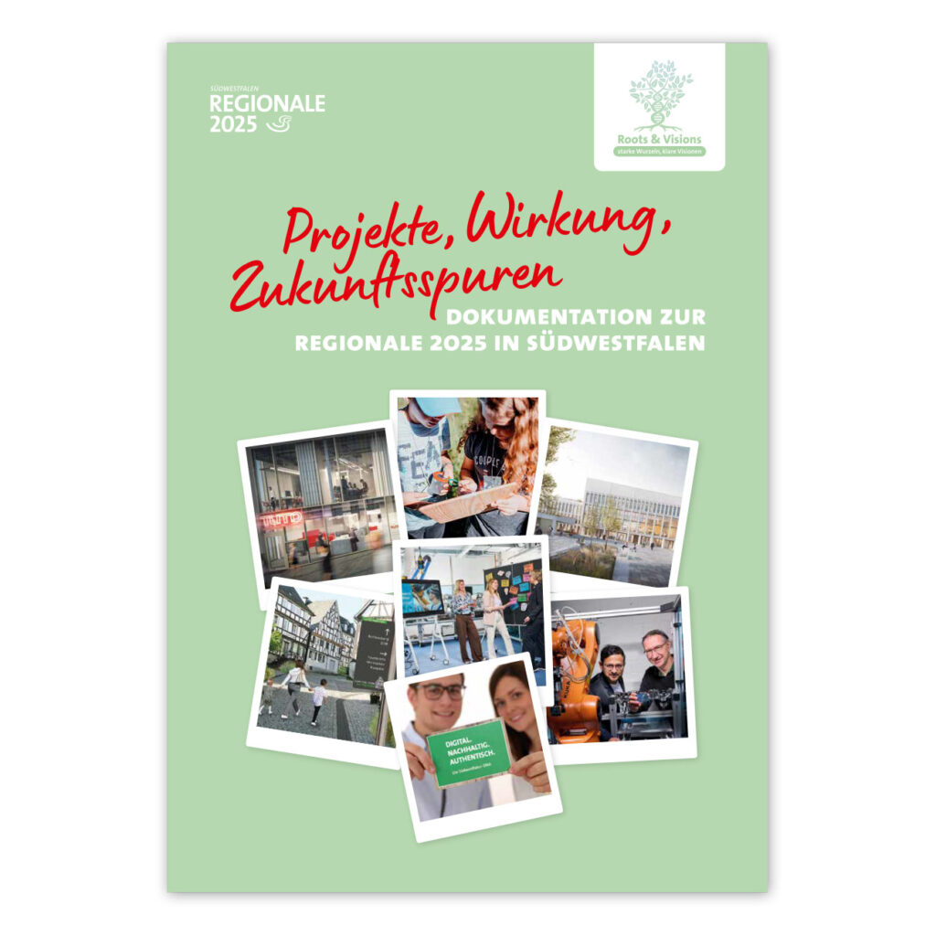 Das Bild zeigt die Titelseite der Abschlussdokumentation zur REGIONALE 2025 - Projekte, Wirkung, Zukunftsspuren