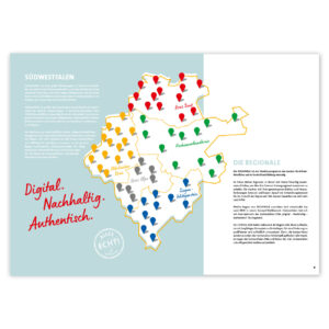 Das Bild zeigt beispielhaft 2 Innenseiten der Abschlussdokumentation zur REGIONALE 2025 mit einer Karte von Südwestfalen und Verortung der Projekte.