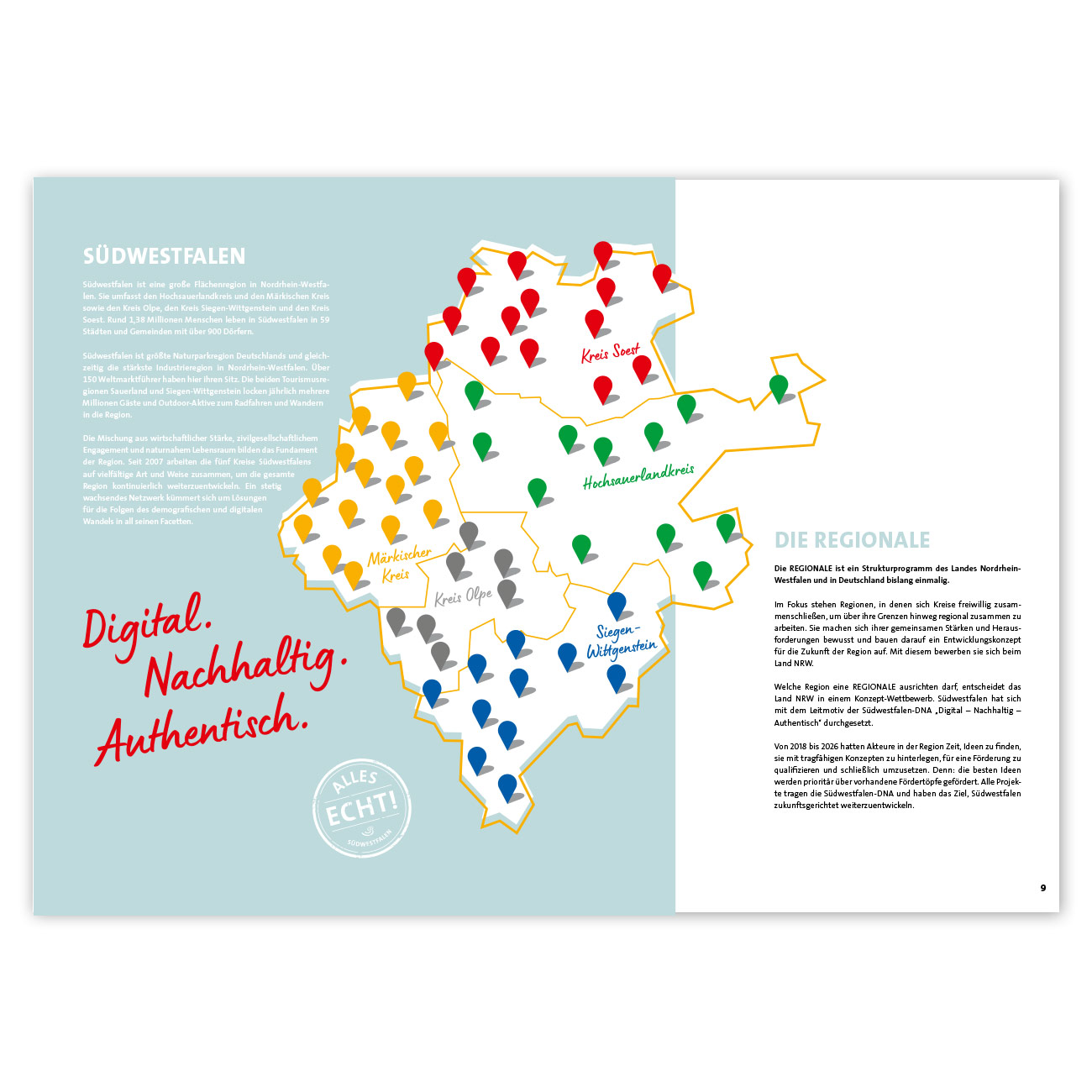 Das Bild zeigt beispielhaft 2 Innenseiten der Abschlussdokumentation zur REGIONALE 2025 mit einer Karte von Südwestfalen und Verortung der Projekte.